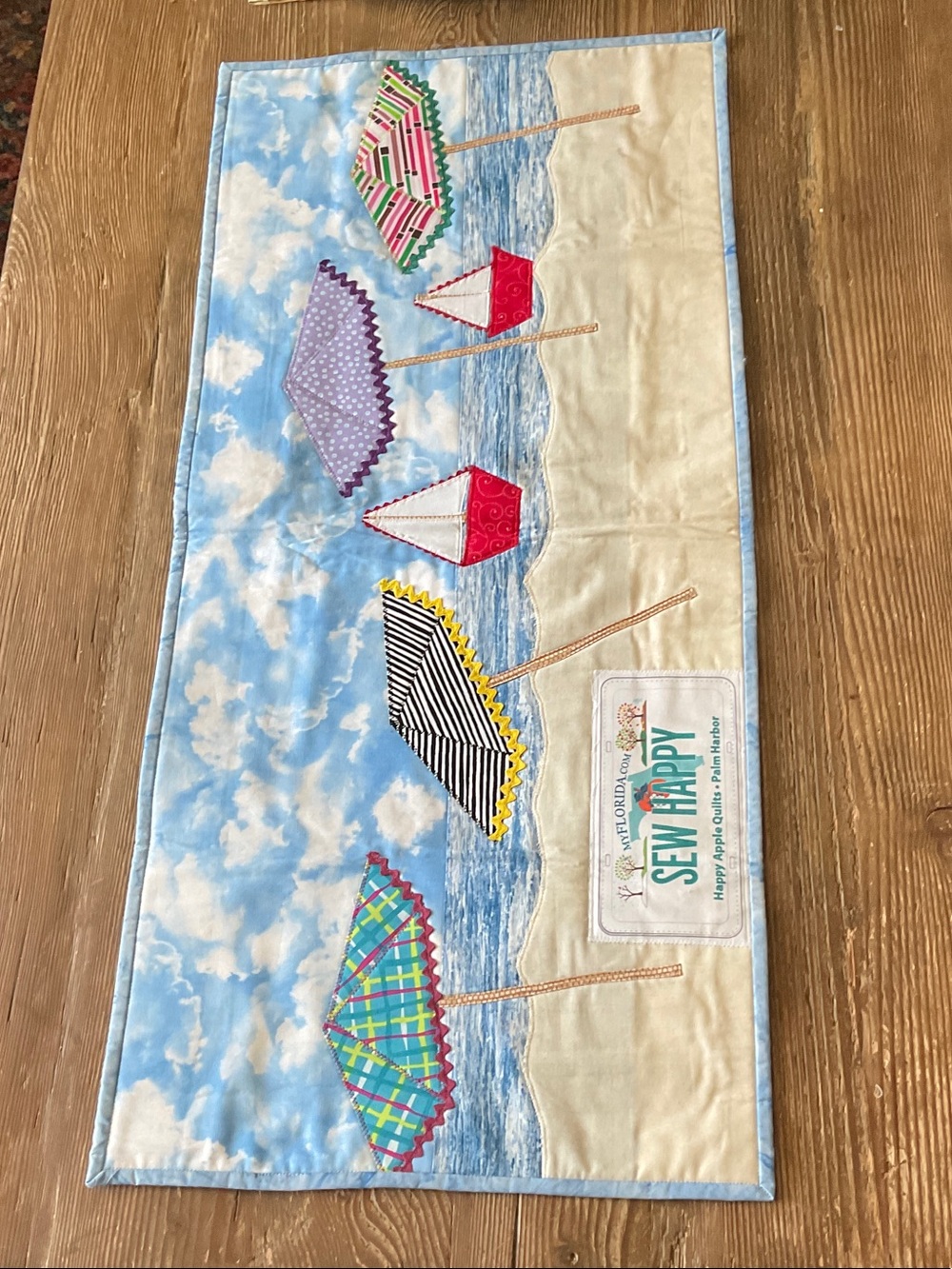 Sew Happy Beach Umbrella Wall Art Runner - Light Blue with Multi-Color Umbrellas